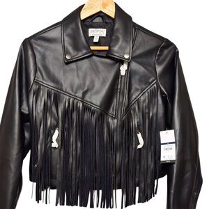 Sofia by Sofia Vergara Black Faux Leather Cropped Western Fringe Zip Up Jacket